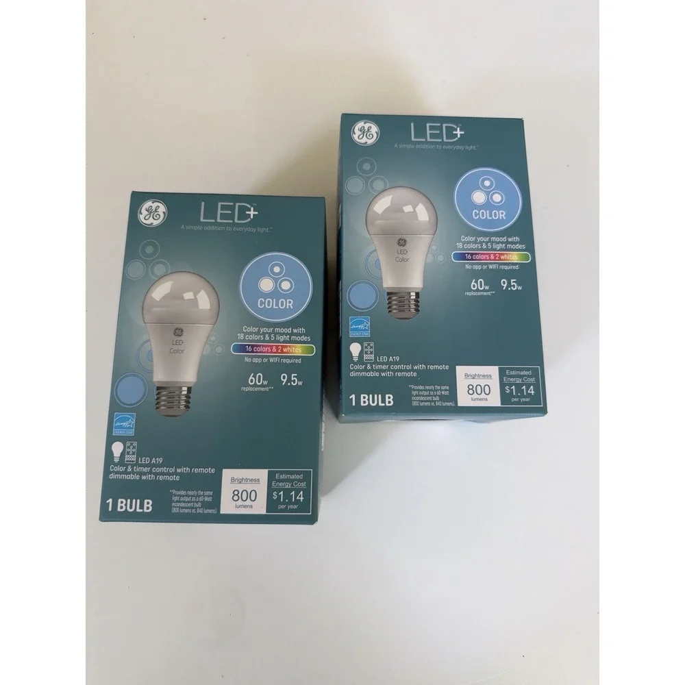 Lot of 2 GE LED+ Color A19 Bulbs‎ 60W Eq 800lm Remote 16 Colors NEW.    5194